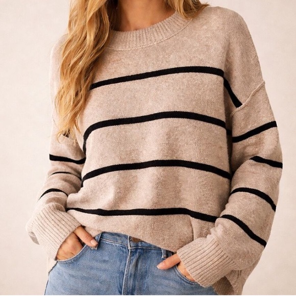 aerie Sweaters - Aerie Striped Crewneck Sweater - Neutral Oatmeal with Black Stripes Oversized L